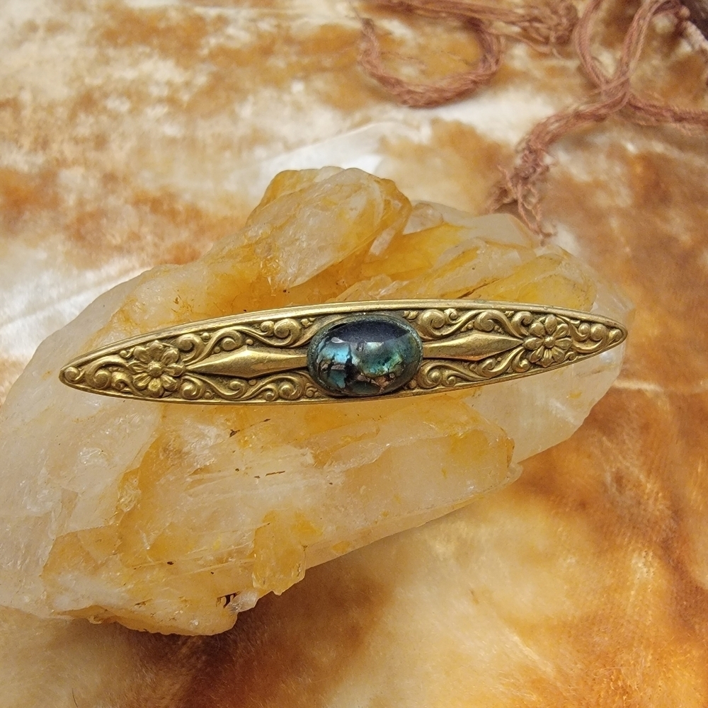Antique Victorian Edwardian Ornate Gold Tone Labradorite Navette Brooch Pin #90